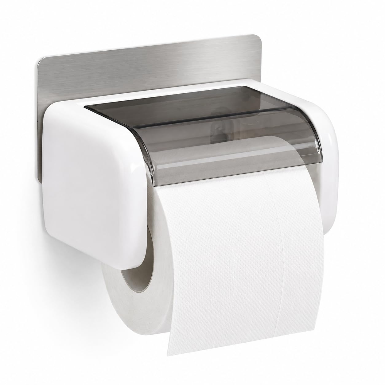 Zollyss Self Adhesive Toilet Paper Holder with Cover for Bathroom, Wall Mounted No Drill Tissue Roll Dispenser, Waterproof Dustproof ABS Plastic Toilet Roll Holder, White