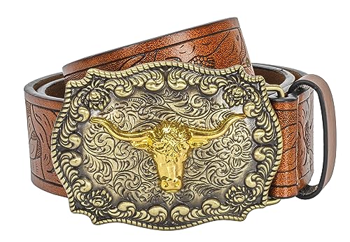 NociHah Ceinture de cowboy occidentale en cuir marron pour homme - Motif floral gravé - Boucles longues en forme de taureau - Cadeau pour femme (tour de taille 83,8 - 91,4 cm) (marron)