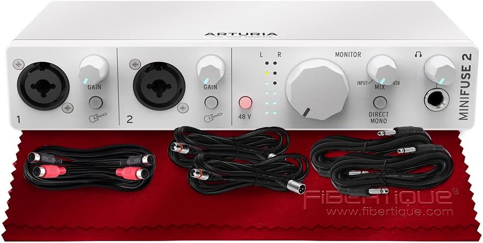 XPIX Arturia MiniFuse 2 Audio and MIDI White Interface with Software Ableton Live Lite, 4x Arturia FX is part of a Basic Bundle including two 1/4″ TRS and 2x Pro Audio XLR Cables 2 and more