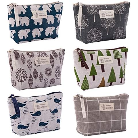 6 Pieces Printed Canvas Cosmetic Bag, Uspacific Multi-Function Travel Cosmetic Bag, Toiletry Bag Accessories with Zipper for Keychains Coins Cash Cards, 6 Styles Cover