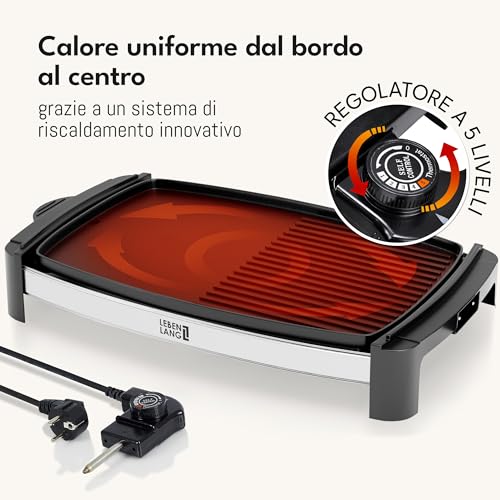 LEBENLANG Barbecue elettrico da balcone 2000W - Incl. pinze per grigliare I 45x30cm I Griglia elettrica barbecue da interno & da esterno I Bistecchiera grande Piastra grill BBQ Griglie elettriche XXL - immagine 6
