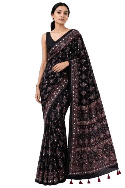 Women's Mirror Work Saree with Unstitched Blouse Piece | Designer Ethnic Saree for Weddings, Festivals & Special Occasions, Black-image-10