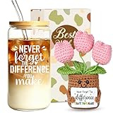 MUJUZE Gifts for Women,Glass Cups with Lids and Straws, Aesthetic Iced Coffee Cup, Girly Preppy Design Tumbler Mug for Teen Girls Women Girlfriends Gifts