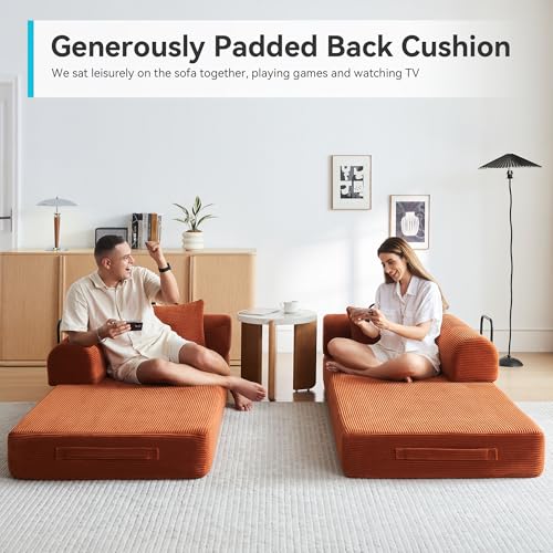 Image of Convertible Sleeper Sofa with 2 Pillow, Modern Corduroy Futon Bed, Modular Sofa with Pull-Out Bed, Love Seat Sleeper for Living Room, Small Space Apartment, Office