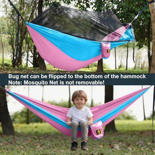 Image of Kids Hammock, Camping Hammock with Mosquito Net, Lightweight Nylon Portable Hammock with 10ft Tree Straps,Hammocks for Travel Hiking Backpacking Beach Patio