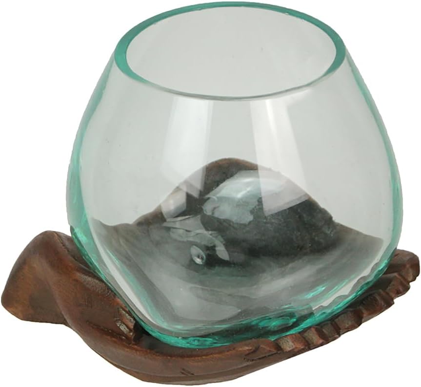 Blown Molten Glass and Carved Wood Hands Decorative Bowls, Vases, and Terrariums, 6 Inches High