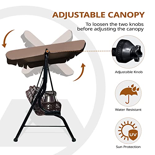 J.m.deco 3 Seat Porch Swing, Outdoor Swing With Canopy Adjustable, 3 Pillows & 2 Side Trays, Wicker Patio Swing Chair For Balcony, Garden, Poolside, Backyard (Brown) #TOP2