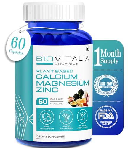Biovitalia Calcium Magnesium Zinc Capsules with Vitamin D3, B12 & K | Supplement for Men & Women Promote Muscle Health | Support Bone & Joint Health | Immunity Booster - 60 Veg Capsule