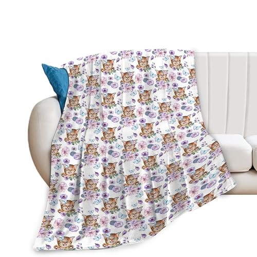 Cat Blanket Cat Purple Flowers Decor Throw Blanket Gifts for Cat Lover Women Girls Ultra Soft Cozy Fuzzy Plush Fleece Flannel Bedding Cat Stuff Blanket for Baby Kids Adults Bed Couch Sofa 40"X50"