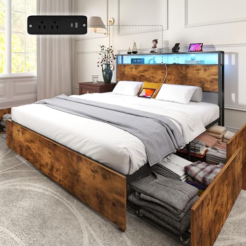 Queen Bed Frame with Storage Drawers and Charging Station