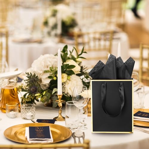 Image of Yeaqee 24 Pack Metallic Paper Gift Bag with Tissue, Black and Gold | with Satin Ribbon Handle and Tissue, 9x7x3.1 Inch, Suit Business, Birthday, Christmas, Thank You Return Gifts Bags