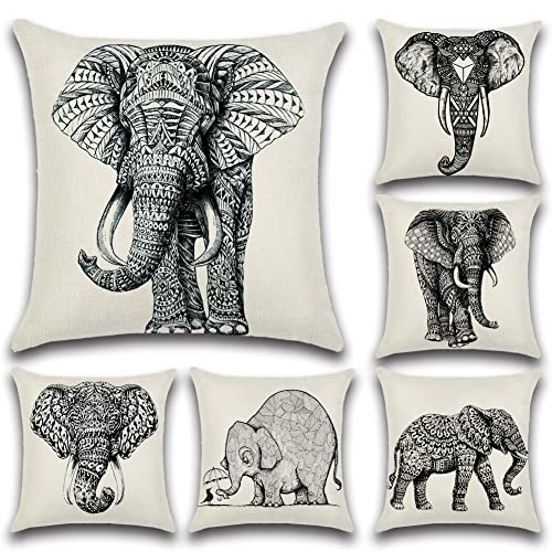 Ohok Lot de 6 Housse de Coussin 45 x 45 cm Taie d'oreiller Géométrie Animale Plante Fleur Motif pour Maison Salon Canapé Chambre Décoration (L'éléphant) Cover