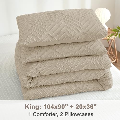 Image of Litanika Wheat King Size Comforter Set, 3 Pieces Tufted Boho Farmhouse Bedding Comforter Sets, Lightweight Fluffy Comforter Bed Set for All Season (104x90In Comforter and 2 Pillowcases)