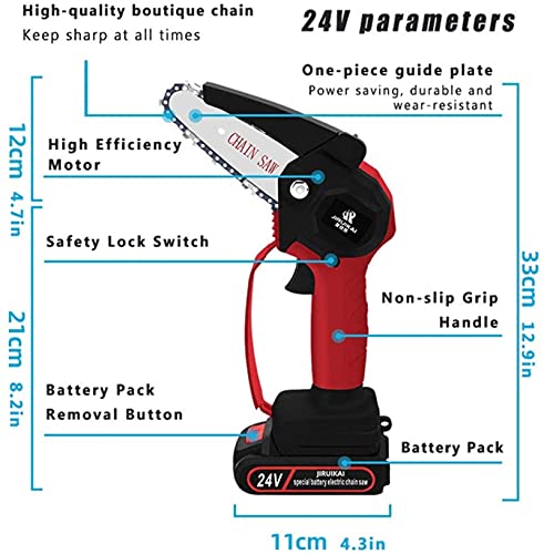 Auoeer Mini Chainsaw Portable Rechargeable Cordless Electric Power Chain Saw Handheld 4In 24V 2000mAh Splash Guard Safety Switch Button 2Chain and 2Lithium Battery for Wood Cutting Tree Pruning Tools - Image 4