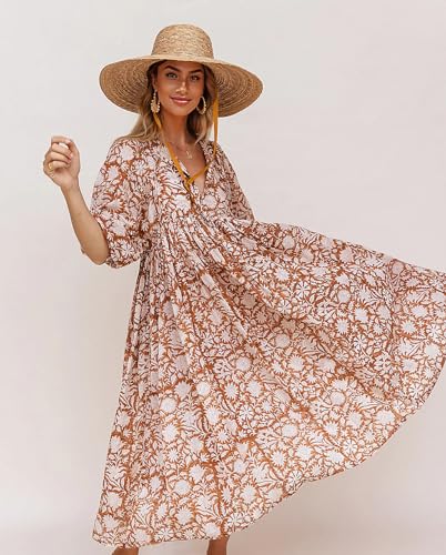 Casual Summer Dresses for Women Swing Floral Half Open Collar Boho Puff Sleeve Loose Midi Beach Dress2