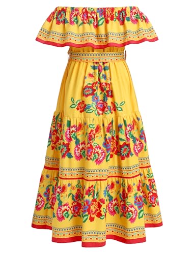 Girls Mexican Dress Off Shoulder Cinco de Mayo Dresses Traditional Folk Floral Print Long Maxi Dress with Belt Summer2