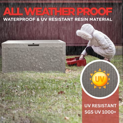 Qfar 100 Gal Deck Box, Large Outdoor Storage Box Waterproof As Porch & Patio Furniture For Pool Toys, Cushions, Pillow, Hose, Gardening Tools, Supplies - Outside Table, Bench For Two, Resin Backyard Storage With Padlock, Uv Resistant Container, Taupe #TOP2