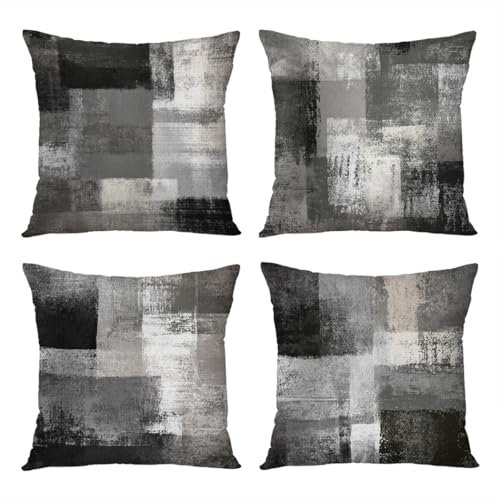 Aowced Throw Pillow Covers Set of 4, Black and Gray White Abstract Art Painting Home Decorative Throw Pillow Cases Cushion Covers Pillowcases for Sofa Couch Bed Chair, 18x18 Inch