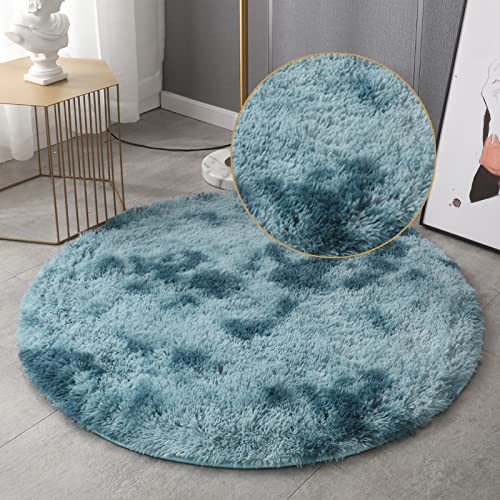 GZQIAWY CíRculo Redondo Alfombra Peluda Sala de Estar Dormitorio Alfombra Piso Alfombra Mullida Piso Antideslizante Alfombra Peluda Felpa Alfombra de Noche Tie Dye Azul Pavo Real 100 x 100cm