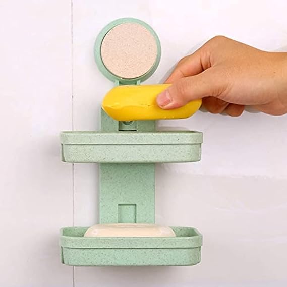 Volo Plastic Double Layer Sucker Wall Mounted Soap Dish Wall Tray with Suction Cup Holder for Bathroom and Wash Basin, Soap Box Holder Rack (Random Colors)/Pack of 1