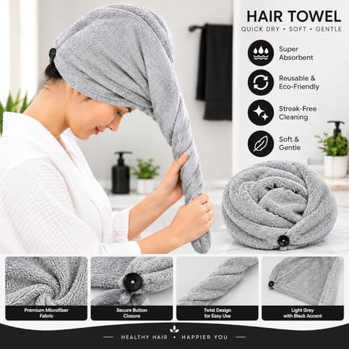 Image of Hair Towel Wrap for Women-Quick Drying Microfiber Towel for Hair with Elastic Loop for Tying-Super Absorbent Head Towels Wrap for Ladies Hair Turban (Pack of 1,Grey)
