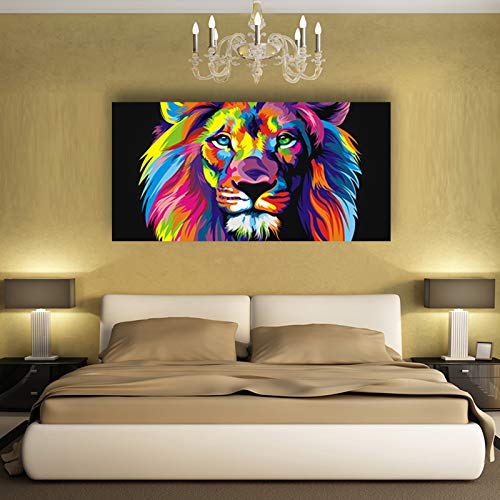 Image of Animal Lion Pictures Wall Decor Art for Bedroom,Colorful Lion Canvas Wall Art Paintings for Living Room,Artwork Stretched and Ready to Hang,Size 24x48inches.
