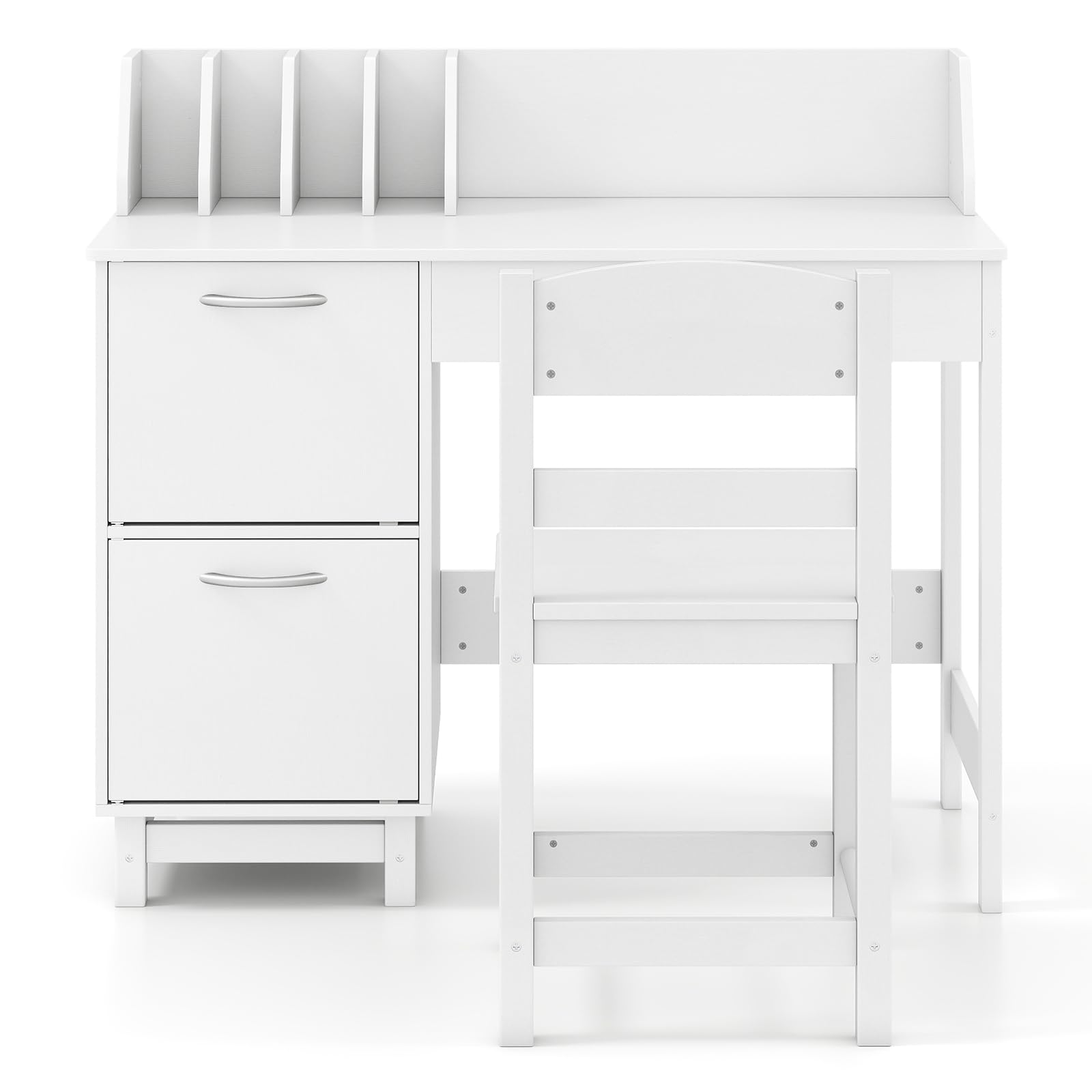 LIFEZEAL Set Scrivania e Sedia per Bambini 3+Anni, Scrivania per Cameretta con Cassetto, Libreria, Armadietto, Banco Scuola, Tavolo da Studio, Sedia con Schienale, in Legno, Giocare, Studiare (bianco)