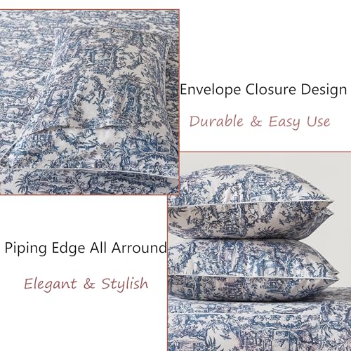 Image of FADFAY Blue Toile Sheets Set Cal King French Country Vintage Farmhouse Bedding Exotic Scenic Floral Bedding 100% Egyptian Cotton Soft Sheet Set with Deep Pocket Fitted Sheet 4Pc, California King Size