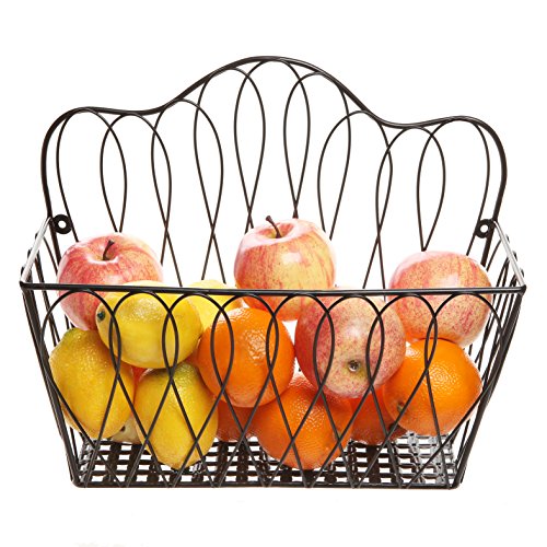 MyGift Decorative Black Metal Wire Loop Design Wall Mounted Magazine Holder Bin/Fruit Basket Rack