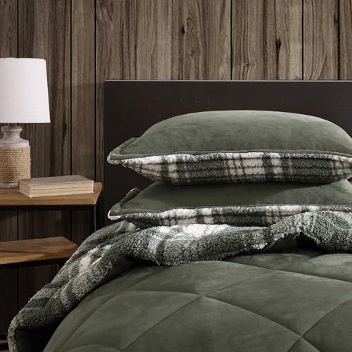 Image of Eddie Bauer - King Comforter Set, Solid Microsuede Bedding with a Plaid Ultra-Plush Faux Shearling Reverse, 3 Piece Bed Set with Matching Pillowcases (Big Lake Plaid Green, King)