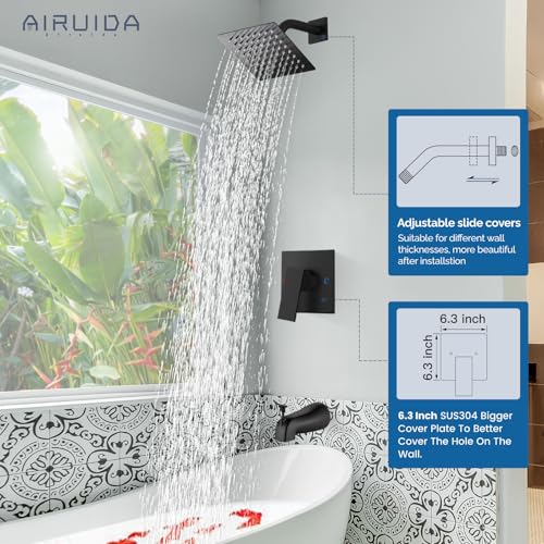 Airuida Shower Faucet Set with Tub Spout Bathtub Faucet Kit Shower Tub Faucet Set Complete Tub Shower Trim Kit with Solid Brass Rough-in Valve and Rainfall Square Showerhead,6 Inch-Matte Black by Airuida - Used condition - Image 4