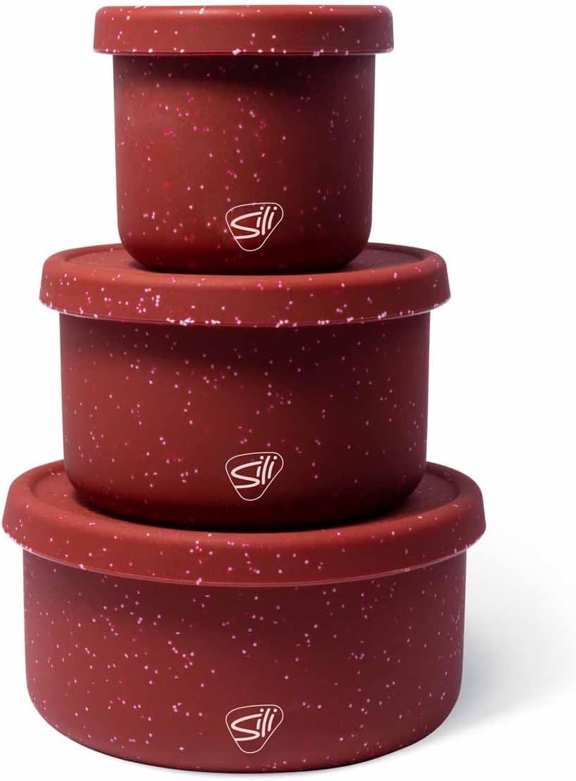 Silipint: 10/20/30oz Silicone Lidded Bowl Bundle, Unbreakable, Non-Toxic, Dishwasher Safe - Speckled Red