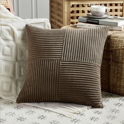 FDTERN Lot de 1 Boho Housse de Coussin 45x45 Brun Foncé,à Motif Croisé Decoration Housses de Coussin en Velours Côtelé,Douillet Taie d'oreiller Housse...