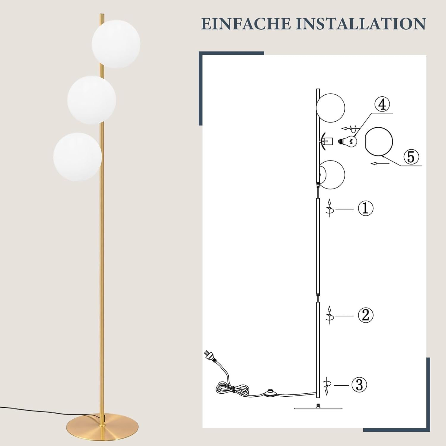 ZMH Lampada da terra moderna a stelo – 3 luci E27 design con interruttore a ped