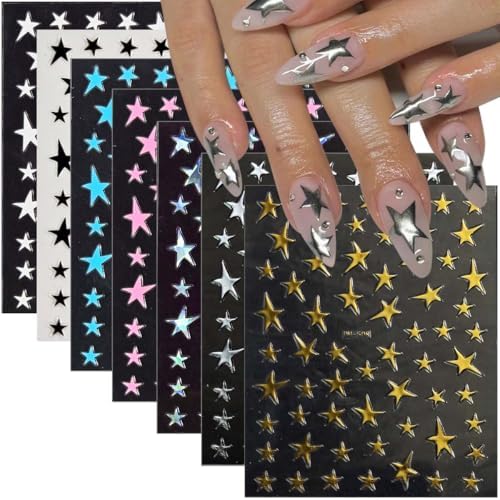 14 Sheets Y2k Star Nail Art Stickers, 7 Colors 3D Self-Adhesive N...