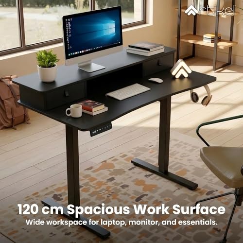 Image of ARTIKEL Valor Lite Electric Height Adjustable Standing Desk with Storage Drawers & Shelves| Sit-Stand Desk for Home Office |Ergonomic Workspace Table|120x60cm|Black