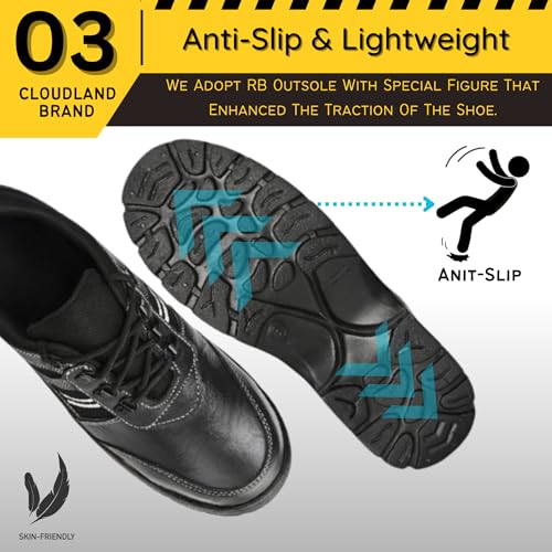 Image of Cloudland Black Leather Safety Shoes for Man | Light Weight Steel Toe, Anti-Slip, Waterproof, Industrial Use for Men | Comfortable for Construction Work's