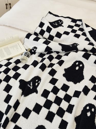 Image of Ultra Soft Cozy Checkered Ghost Halloween Knitted Throw Blanket Fluffy Microfiber Checkerboard Bed Blanket Lightweight Both Sides Throw Blanket for Couch Sofa Bed 50 inchX60 inchBlack