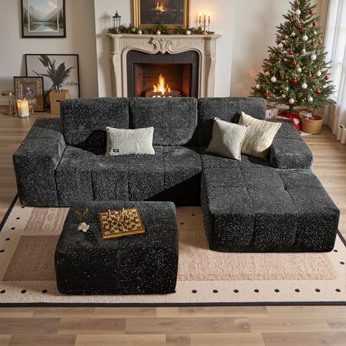 Image of 114 inch Glitter Cloud Sectional Couch with L-Shape Chaise & Ottoman, Modern Boneless Couches for Living Room, Fluffy Tufted Deep Seat Modular Sofa No Assembly (Gray Sparkly Velvet,Right Facing)