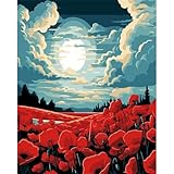 Cekog Malen Nach Zahlen Erwachsene Roter Mohnmond DIY Handgemalt Ölgemälde Leinwand Kits mit Pinseln Acrylpigment Zeichnung Paint by Numbers für Haus Wand Decor 55x70cm,Ohne Rahmen
