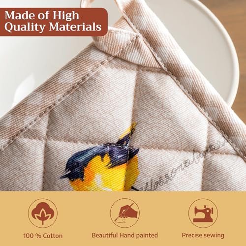 Maison d' Hermine Pot Holders 100% Cotton Heat Resistant Potholders 8" x 8" Hot Pads with Loop BBQ Cooking Baking Gifts for Mothers Day Handling Hot Pans Spring/Summer(Pack of 2, Birdies on Wire) #2