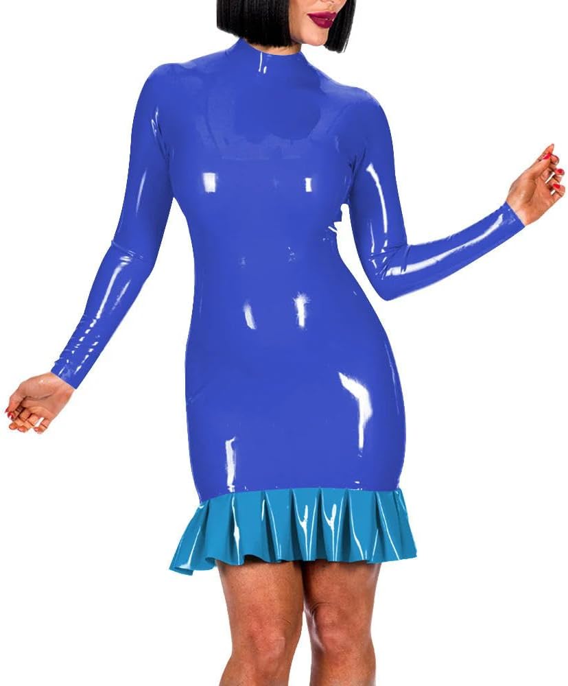 Womens PVC Open Hip Mini Dress Ruffle Wetlook Exotic Lingerie Buttocks Club Party Outfit