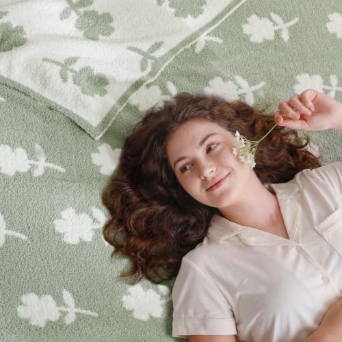 Snuggle Sac Twin Size Bedding Blanket, Sage Green Flower Throw Blanket for Couch, Microfiber Fluffy Warm Cozy Fuzzy Soft Reversible Blankets, Sage Green, 60x80 inches - image 6