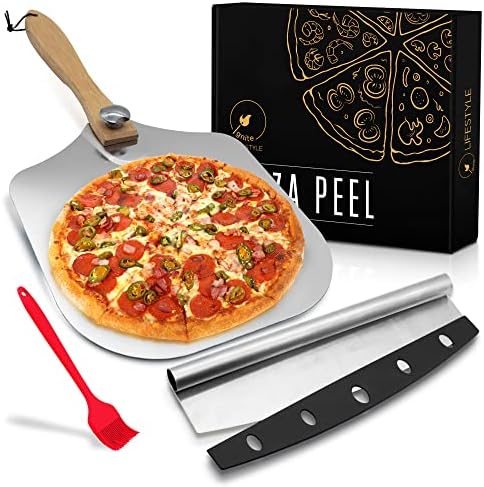 Ignite Lifestyle Pizza Peel Set - Pizza Spatula 12"x14" + Pizza Rocker Cutter + Pastry Brush - Aluminum Metal Pizza Peel 12 Inch w/Foldable Wood Handle for Easy Storage-Homemade for Pizza/Baking/Bread