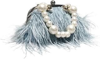 Vintage Fluffy Ostrich Feather Evening bags and Clutches for Women Pearl Chain Tote bags Bridal Purses Wedding Party Blue