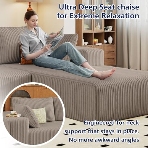 Image of 96 inch Modular Sectional Sofa, Modern Corduroy Cloud Couch with Deep Seat, Boneless Couch Upholstered 3-Seater L-Shaped Sofa for Living Room, No Assembly Required (Camel, Right-Facing Chaise)