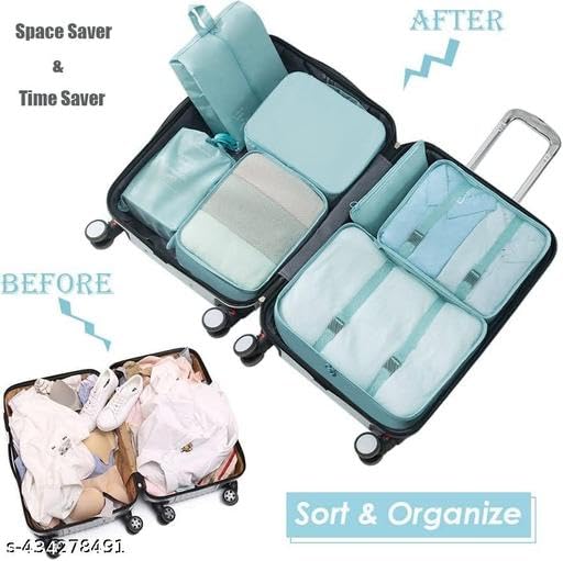 (Multicolor) Travel Organizer 7 in 1 Travel Laundry Cosmetics Luggage Packing Organizers Set Makeup Bags Organizer Packing Cubes with Shoe Bag for travel, Nylon 7-in-1-cactus0803 SB-P8302 2