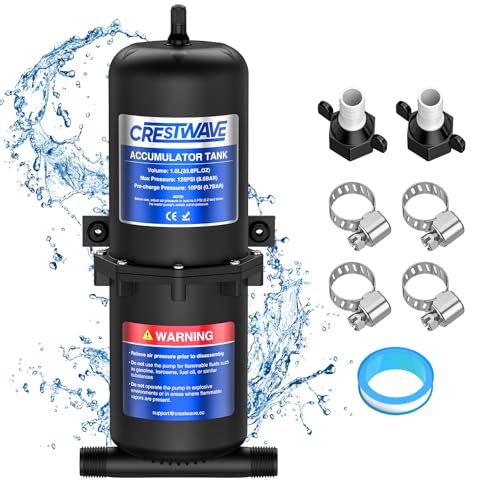 CRESTWAVE 1.0L Pre-Pressurized Accumulator Tank 125PSI 1/2 MNPT Port Fitting Flow Control Inner Bladder Reduced Pump Cycling and Smooths Water Flow for RV Boat Travel Trailer Caravan