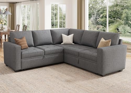 Image of HONBAY Modular Sectional Sofa with Pull Out Bed Convertible L Shaped Couch with Storage Seat Sleeper Sectional Couches for Living Room,Mid Grey