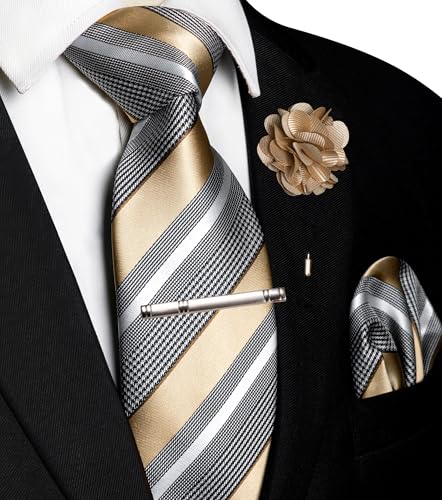 Image of JEMYGINS Mens Striped Tie and Lapel Pin Necktie Pocket Square and Tie Clip Sets for Business Casual 4PCS